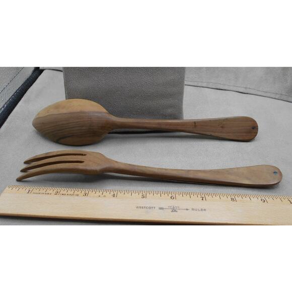 Wooden Salad Serving Fork and Spoon Set with Silver Embellishments Vintage MCM - Picture 4 of 7